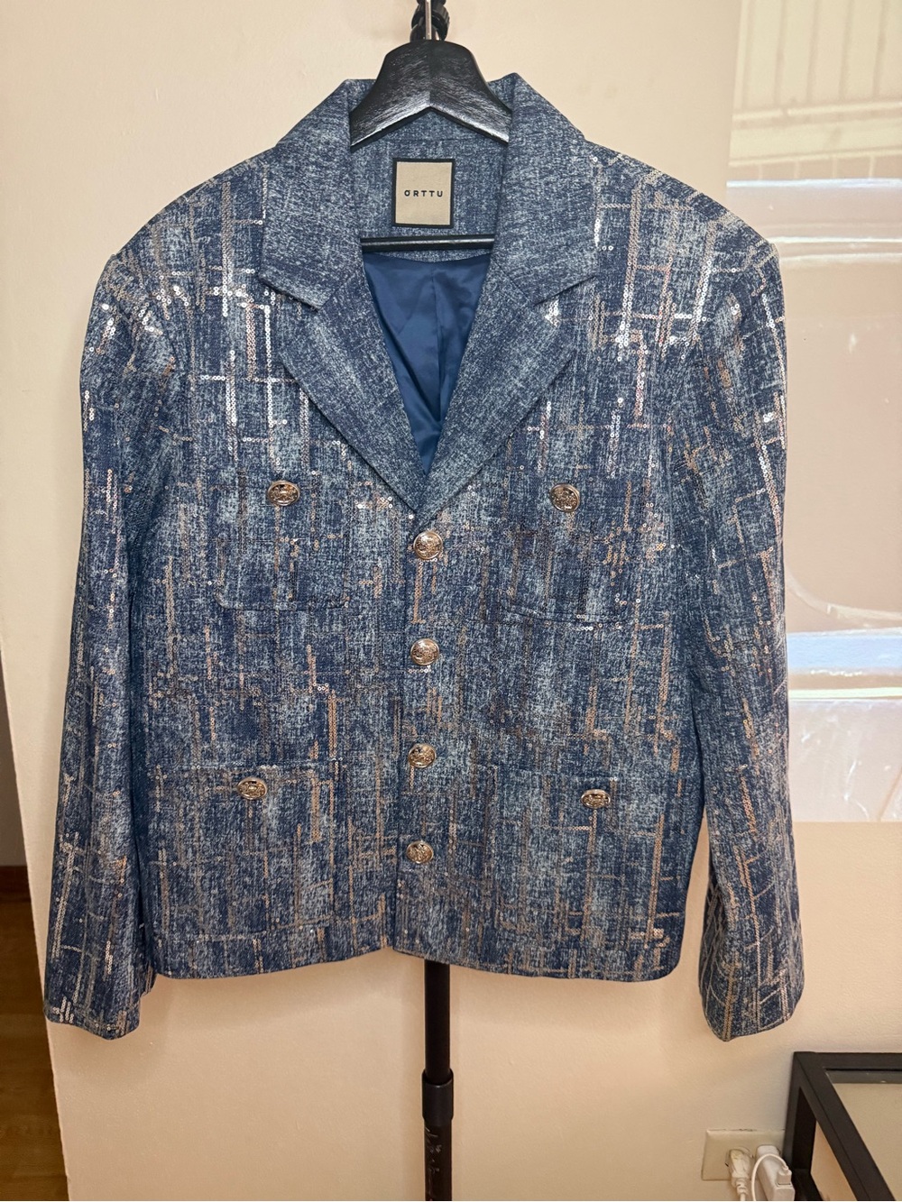 ORTTU Navy Blue Metallic-Thread Double-Breasted Blazer